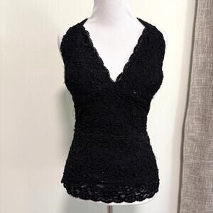 VTG Cache Y2K Babydoll Halter Top M Black Sheer Mesh Beaded Lace Whimsigoth Vamp
